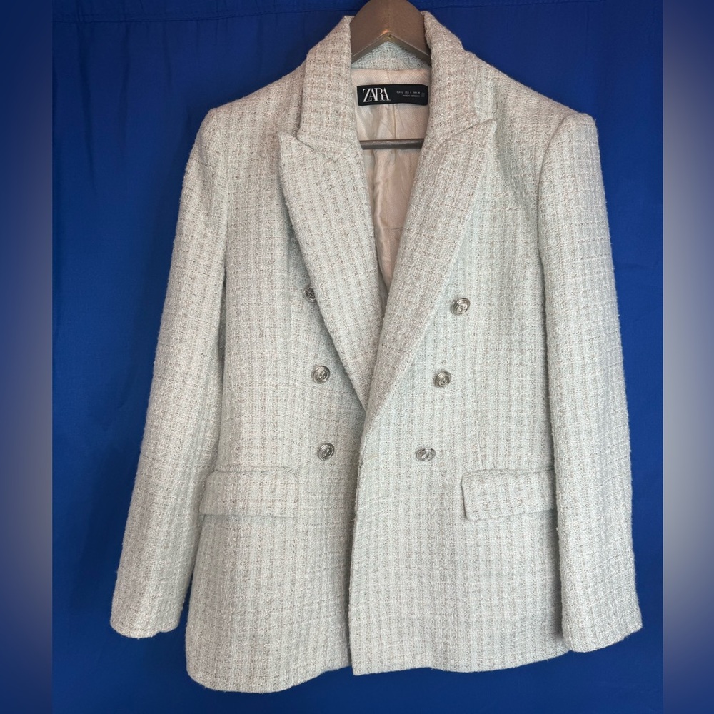ZARA WOMAN DOUBLE BREASTED TEXTURED WEAVE JACKET 7553/740 GREEN ECRU